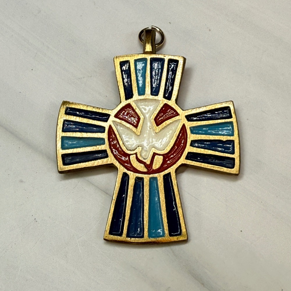 Vintage TSG Terra Sancta Guild Educator Bronze Enamel Cross Dove Pendant
